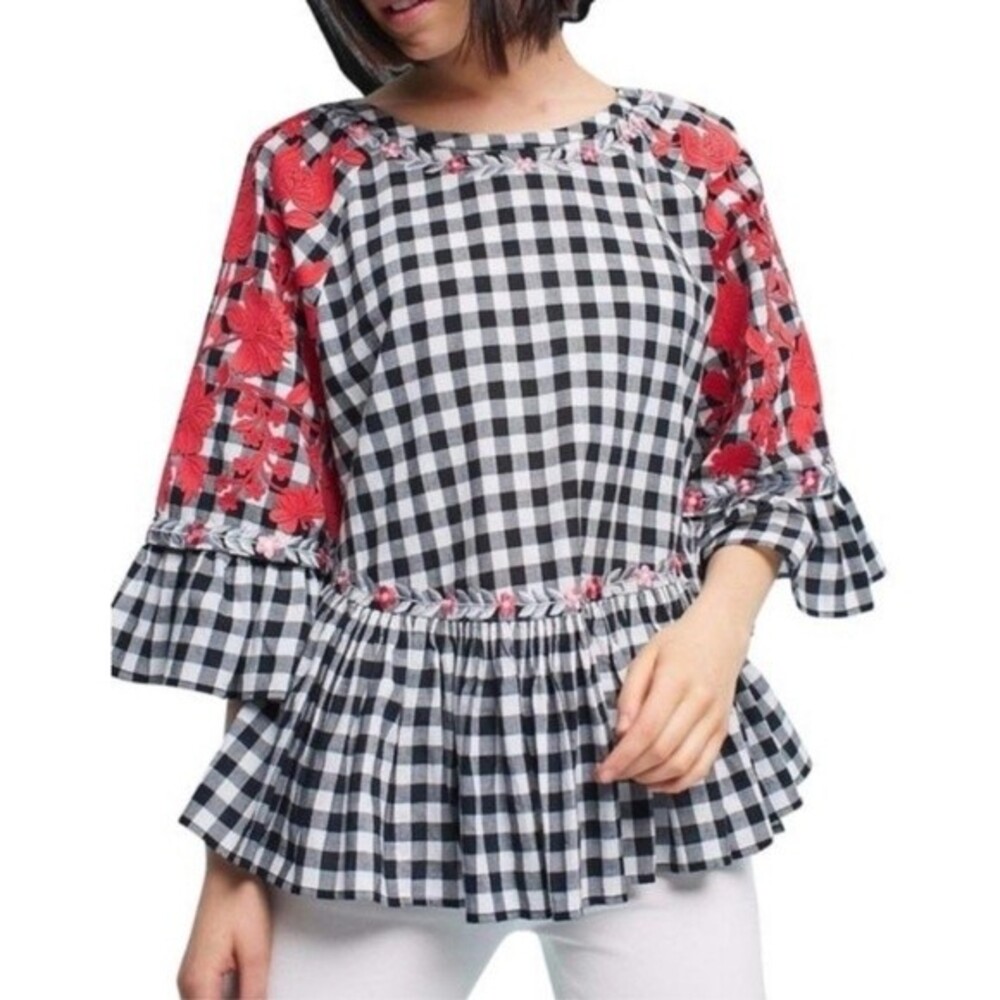 Anthropologie Pankaj and Nidhi Gingham Check Applique Cotton Top S NWOT - Picture 6 of 16